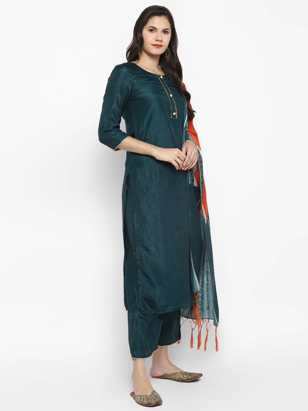 Women's Green Color Silk Blend Straight Kurta Palazzo With Dupatta