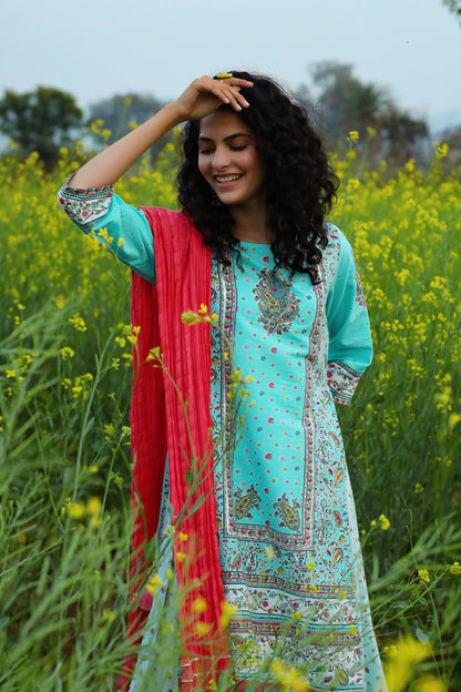 Women's Cambric Printed Straight Kurta Palazzo Dupatta Set