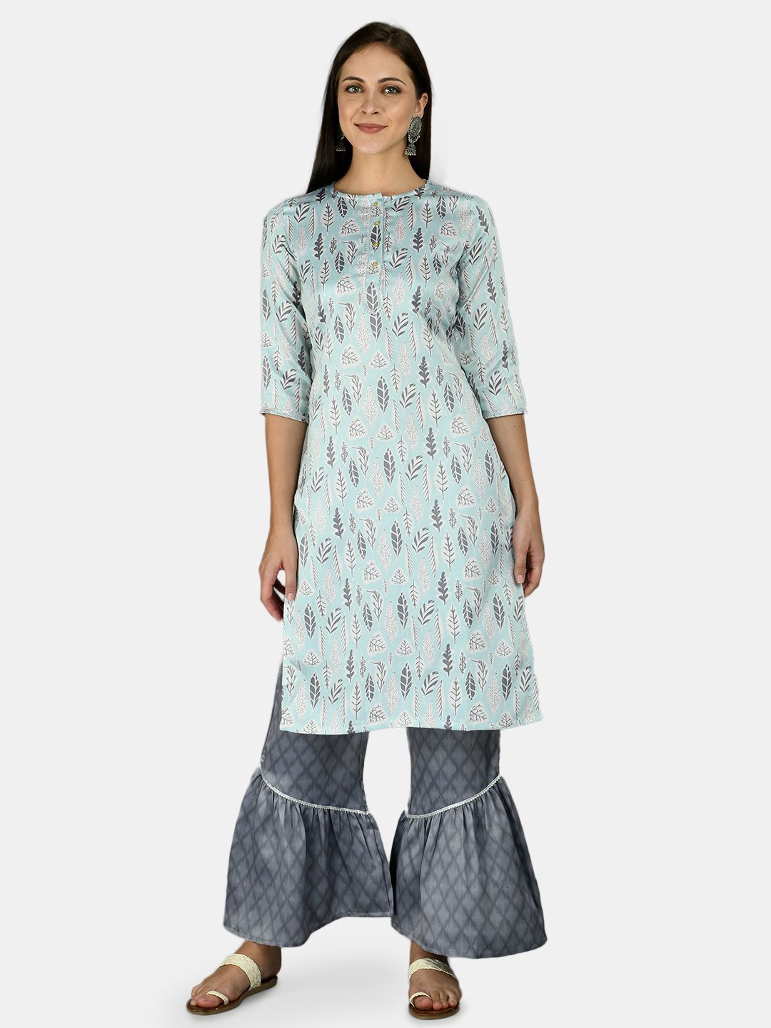 Women's Sky Blue Silk Printed 3/4 Sleeve Round Neck Casual Kurta Palazzo Dupatta Set