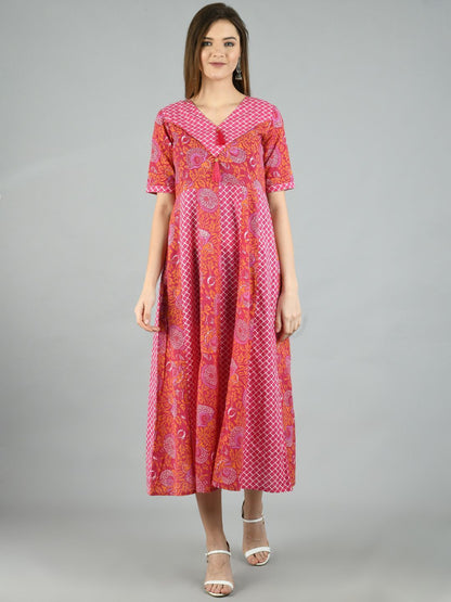 Women's Pink Cotton Printed Half Sleeve V Neck Casual Dress