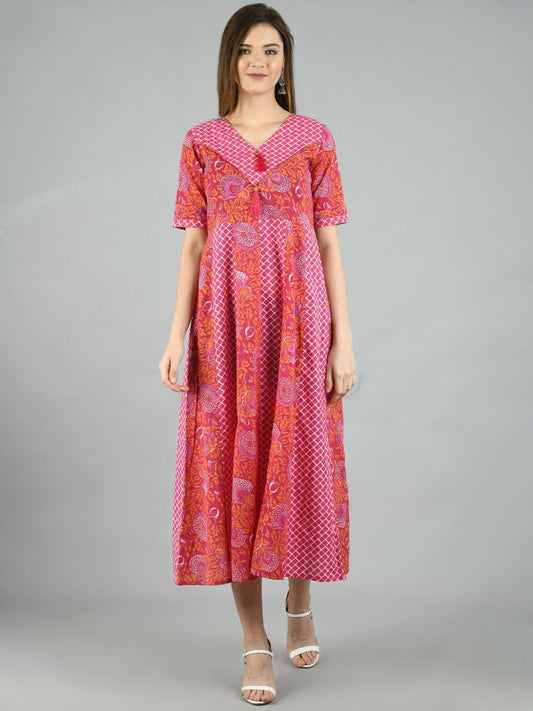 Women's Pink Cotton Printed Half Sleeve V Neck Casual Dress