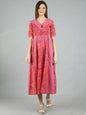 Women's Pink Cotton Printed Half Sleeve V Neck Casual Dress