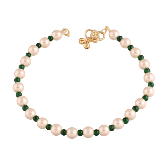 Women's Adjustable Pearl & Green Beads Single Anklet Payal Bracelet