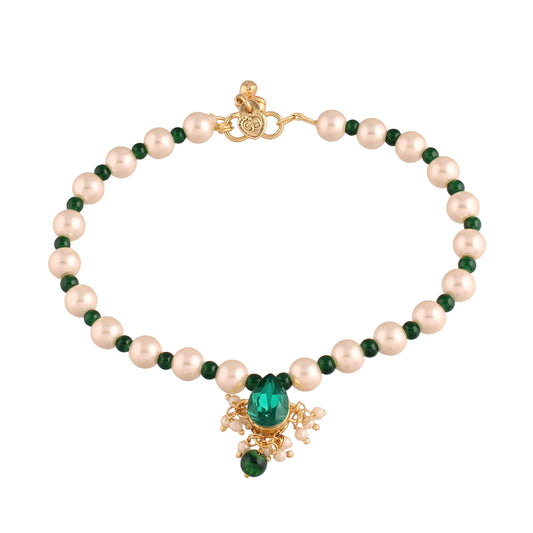 Women's Adjustable Pearl & Green Beads Single Anklet Payal Bracelet