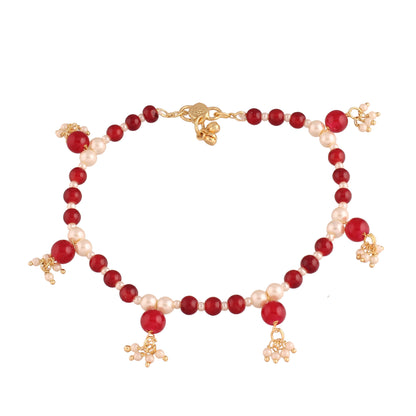 Women's Adjustable Pearl & Maroon Beads Single Anklet Payal Bracelet