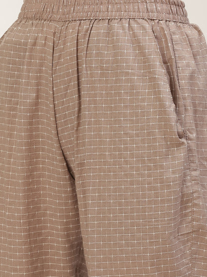 Women's Grey Color Cotton Blend Checked Striped Straight Kurta Pant Set