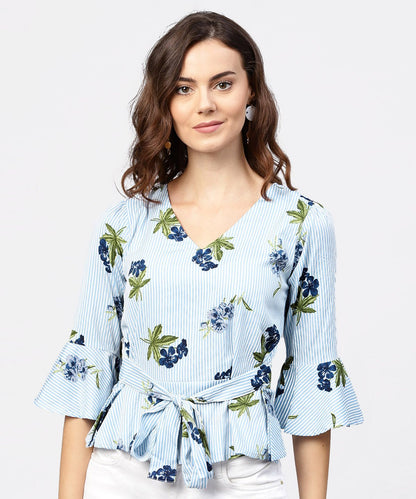 Women's Blue Striped 3/4Th Sleeve Crepe Peplum Style Top With Attached Belt