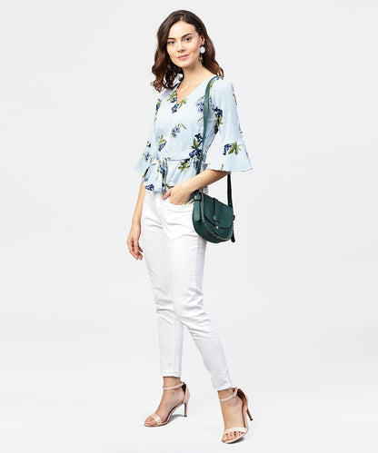 Women's Blue Striped 3/4Th Sleeve Crepe Peplum Style Top With Attached Belt
