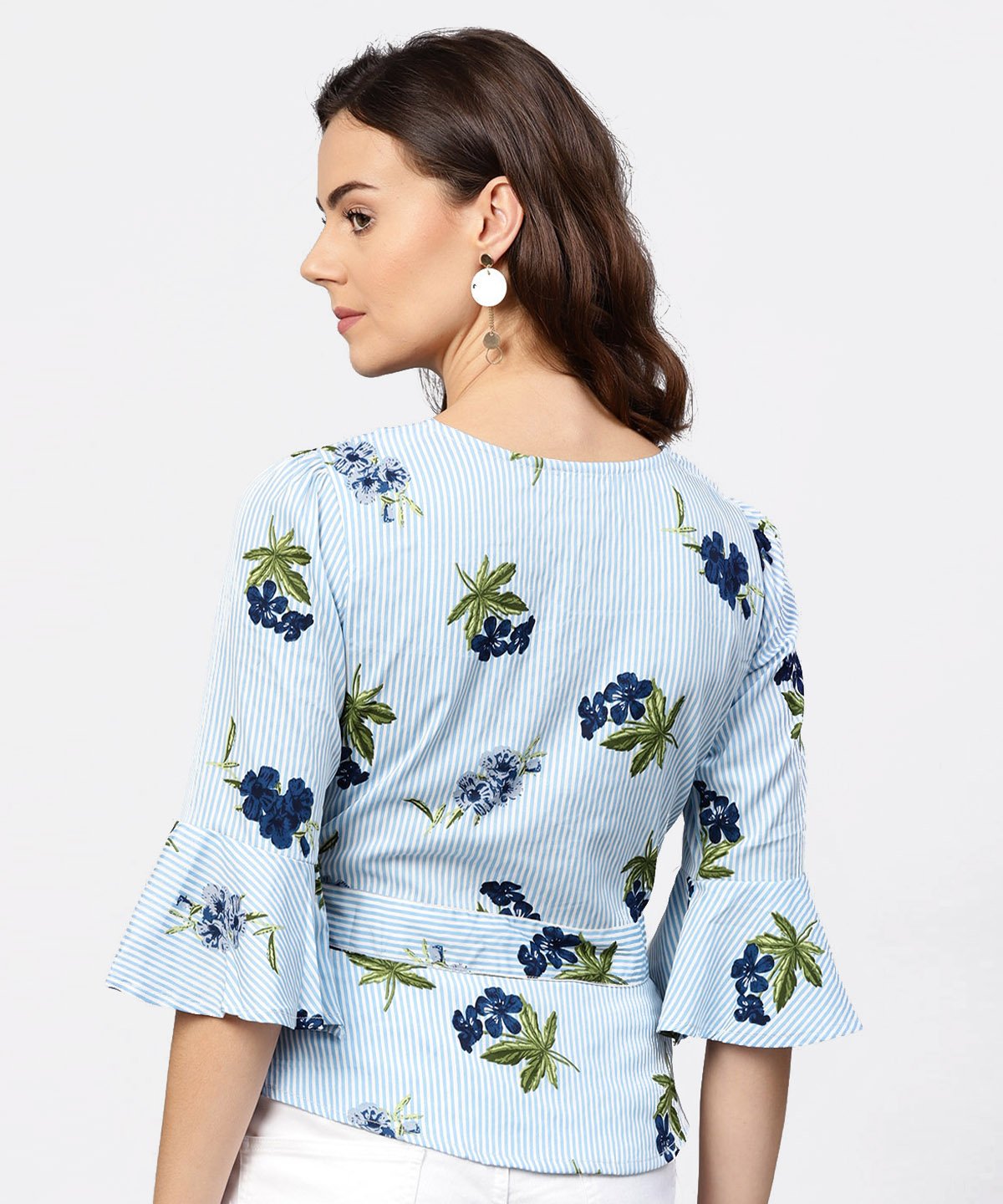 Women's Blue Striped 3/4Th Sleeve Crepe Peplum Style Top With Attached Belt