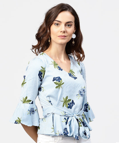 Women's Blue Striped 3/4Th Sleeve Crepe Peplum Style Top With Attached Belt