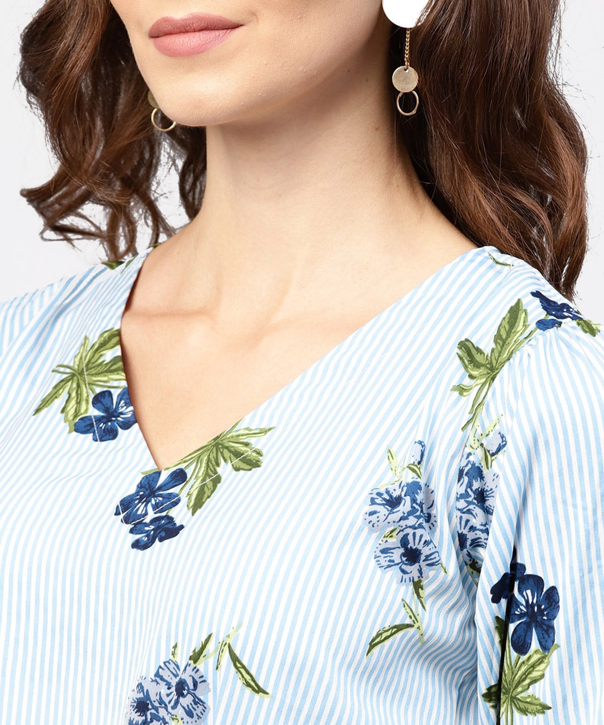 Women's Blue Striped 3/4Th Sleeve Crepe Peplum Style Top With Attached Belt