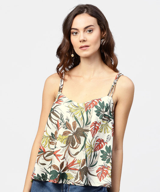 Women's Off White Printed Shoulder Straps Crepe Top