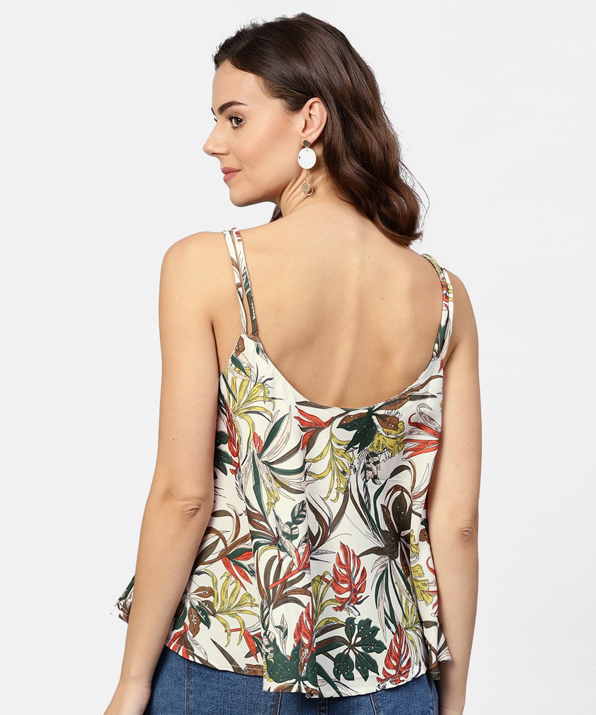 Women's Off White Printed Shoulder Straps Crepe Top