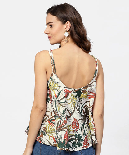Women's Off White Printed Shoulder Straps Crepe Top