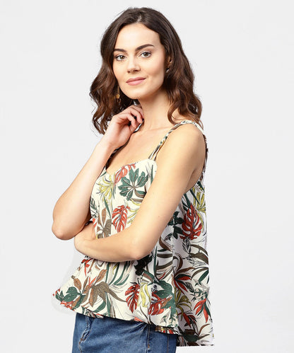 Women's Off White Printed Shoulder Straps Crepe Top