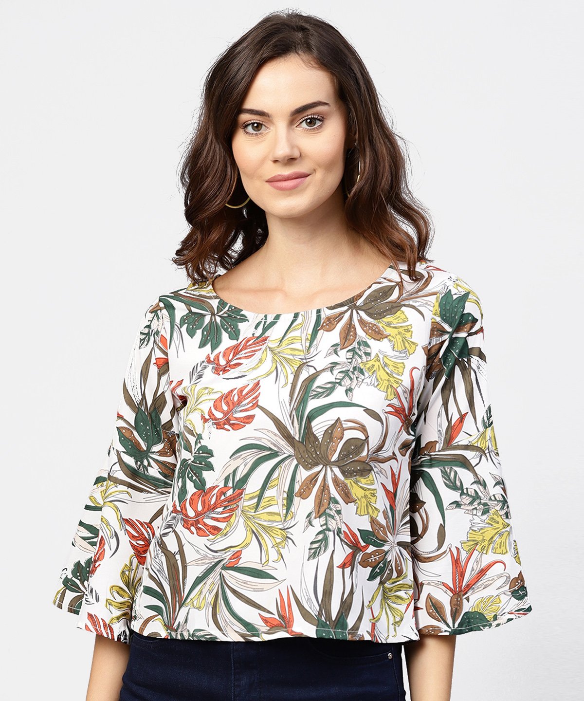 Women's Off White Printed 3/4Th Flared Sleeve Crepe Top