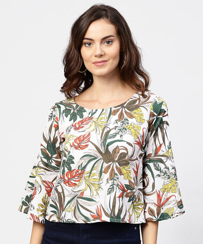 Women's Off White Printed 3/4Th Flared Sleeve Crepe Top