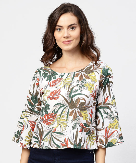 Women's Off White Printed 3/4Th Flared Sleeve Crepe Top