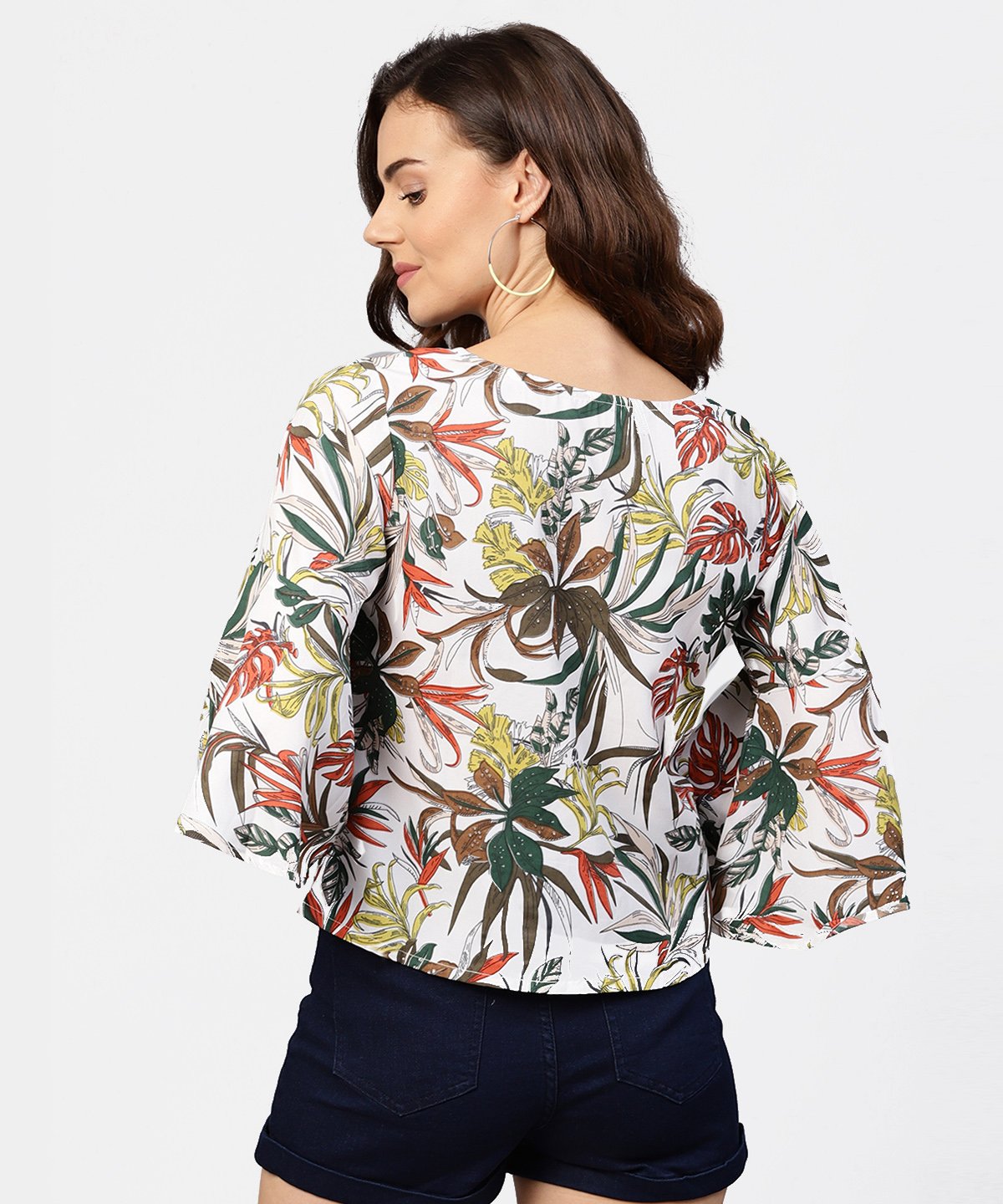 Women's Off White Printed 3/4Th Flared Sleeve Crepe Top