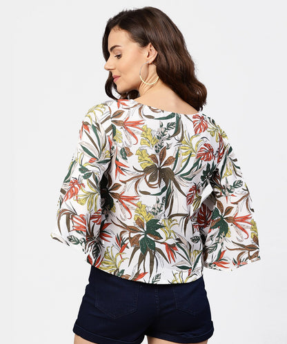 Women's Off White Printed 3/4Th Flared Sleeve Crepe Top