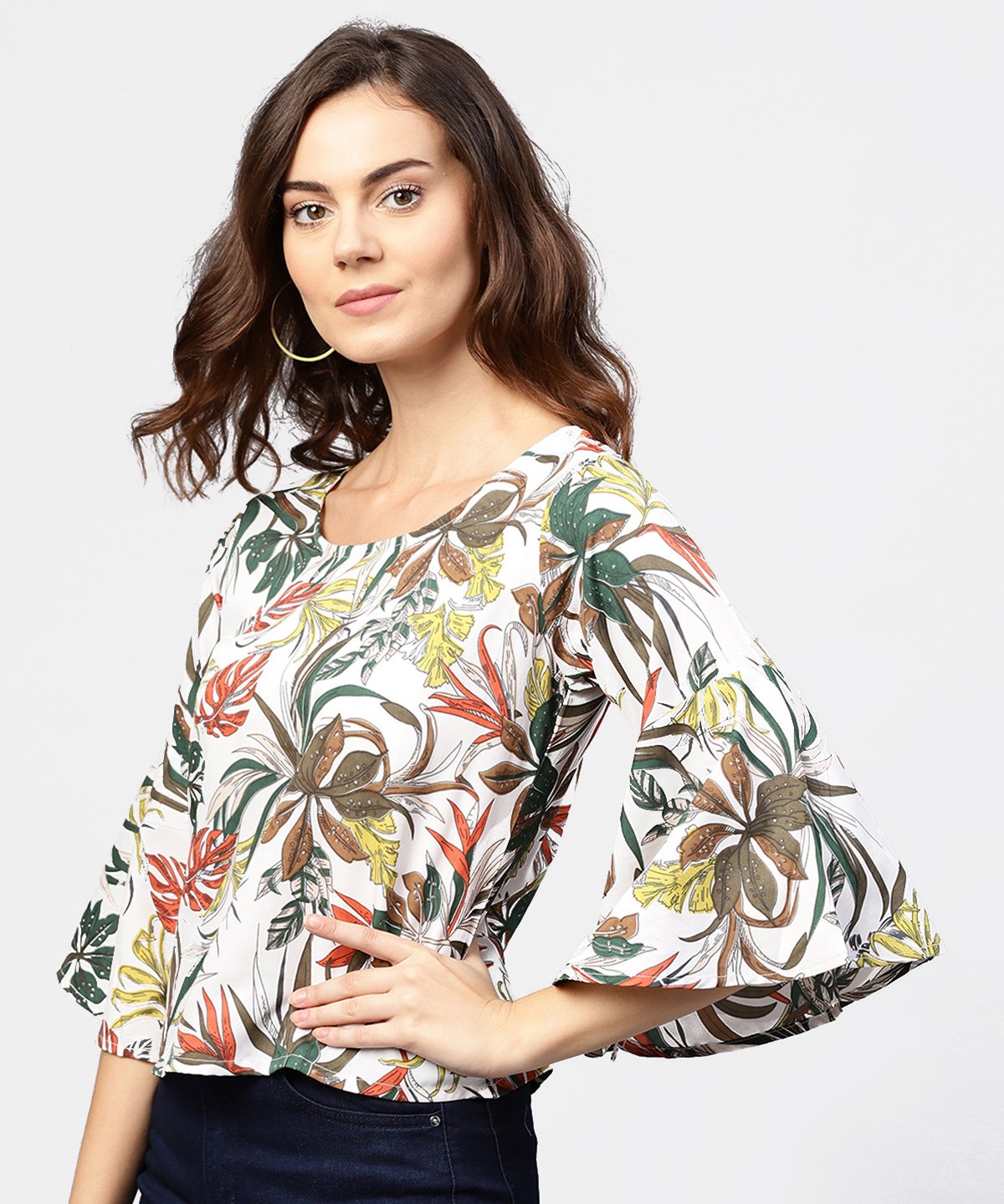 Women's Off White Printed 3/4Th Flared Sleeve Crepe Top