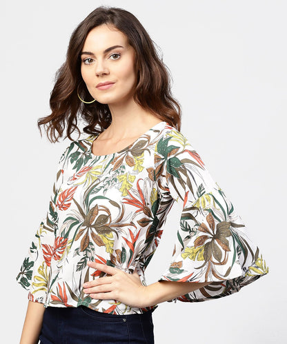 Women's Off White Printed 3/4Th Flared Sleeve Crepe Top
