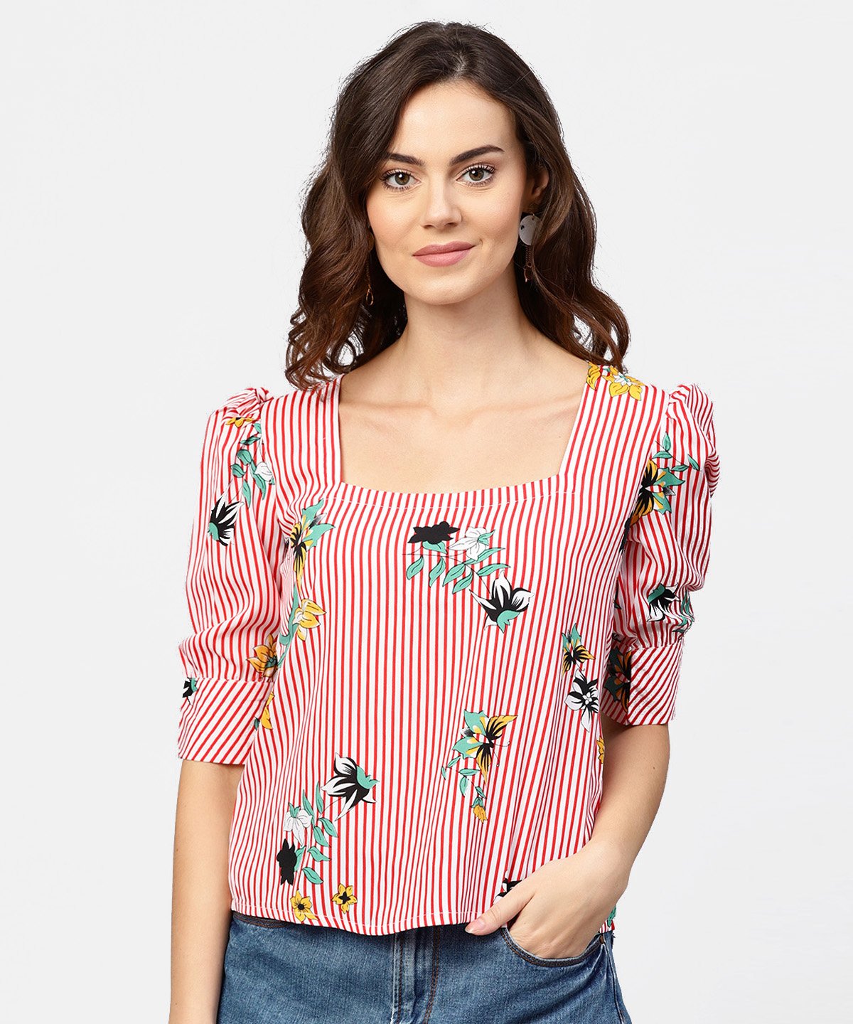 Women's Pink Striped Half Cuff Style Sleeve Crepe Top