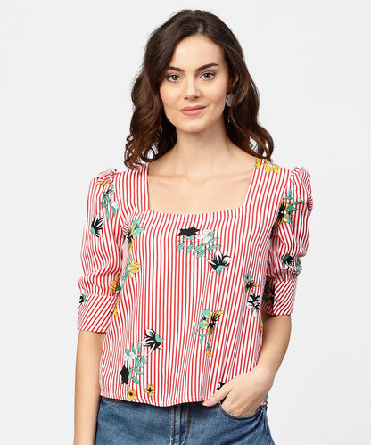 Women's Pink Striped Half Cuff Style Sleeve Crepe Top