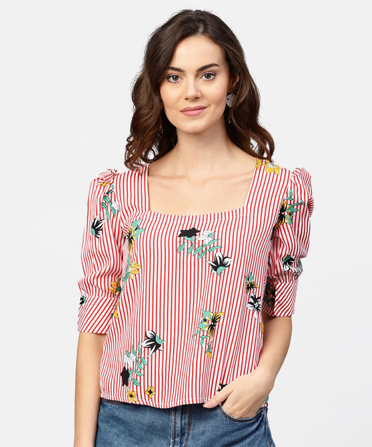 Women's Pink Striped Half Cuff Style Sleeve Crepe Top