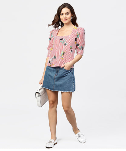Women's Pink Striped Half Cuff Style Sleeve Crepe Top