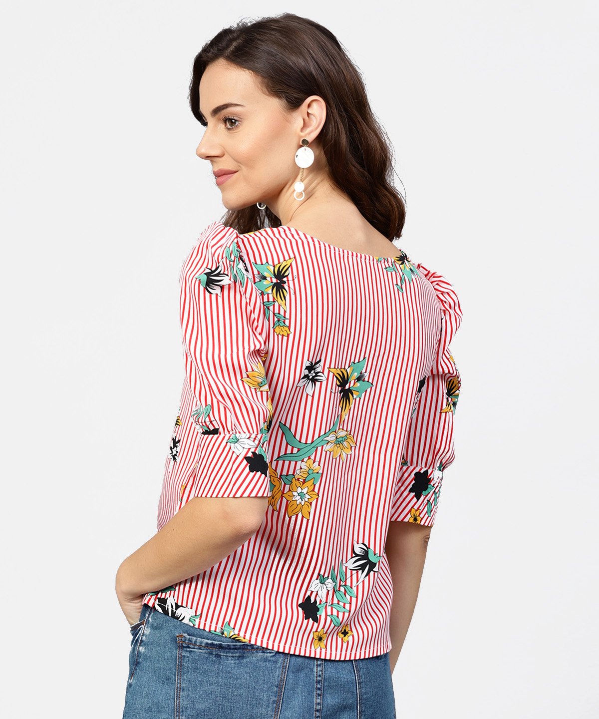 Women's Pink Striped Half Cuff Style Sleeve Crepe Top