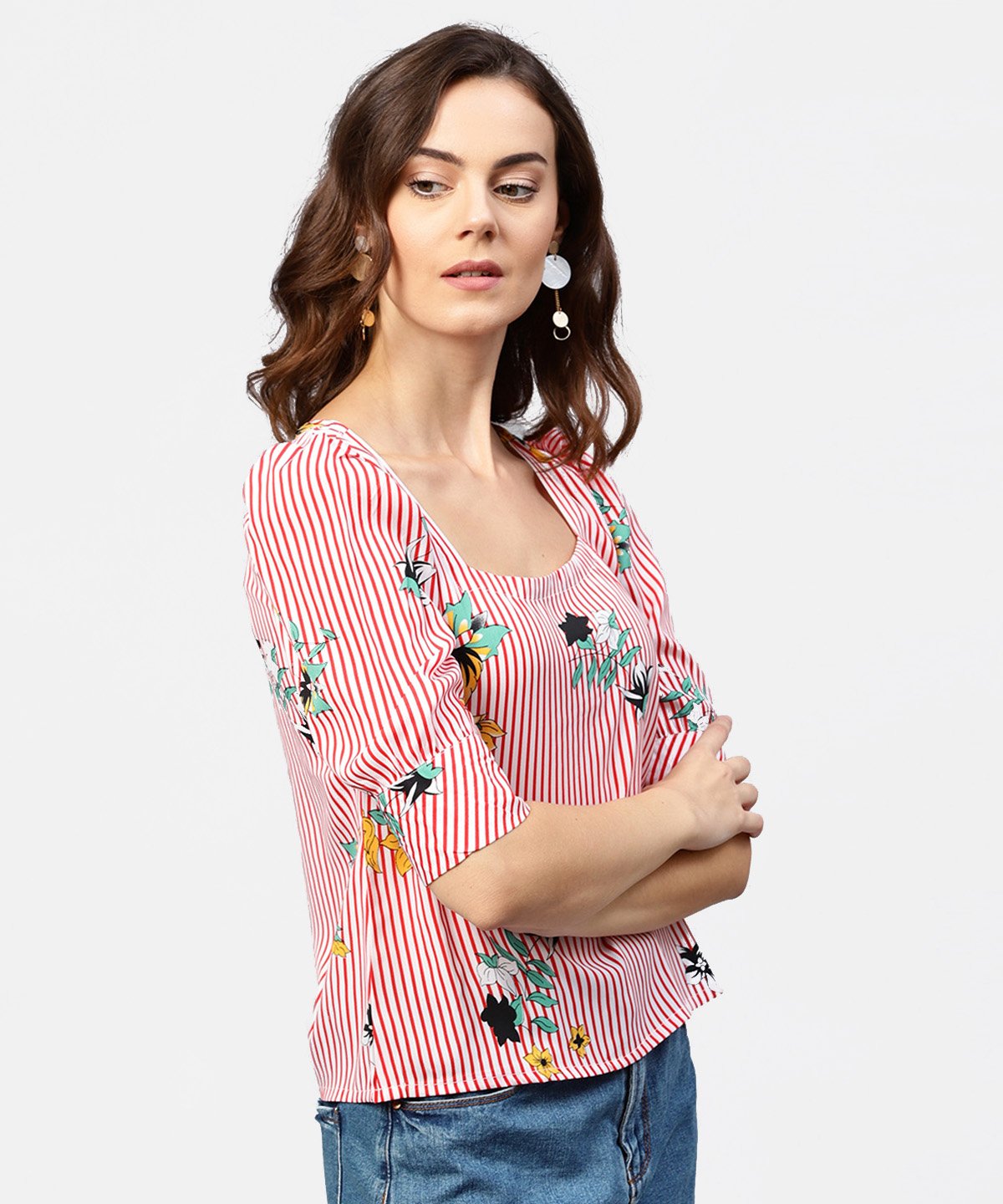Women's Pink Striped Half Cuff Style Sleeve Crepe Top