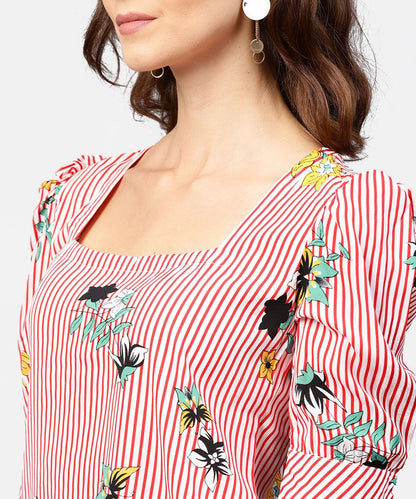 Women's Pink Striped Half Cuff Style Sleeve Crepe Top