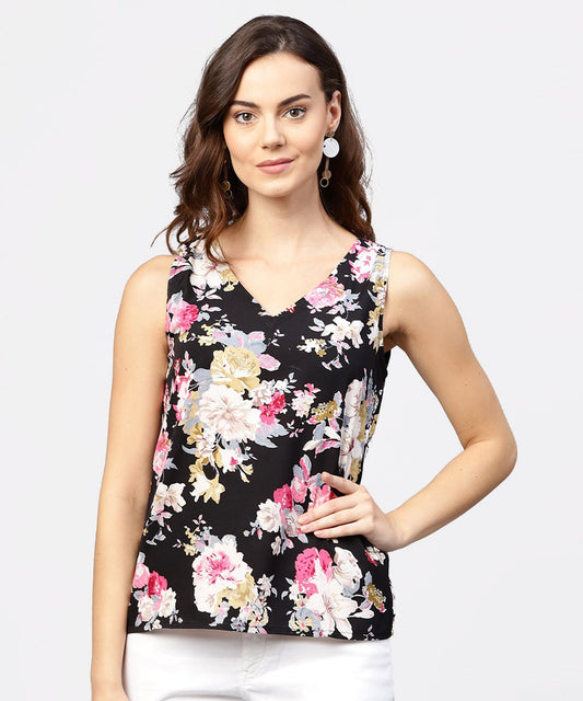 Women's Black Printed Cutways Sleeveless Crepe Tops