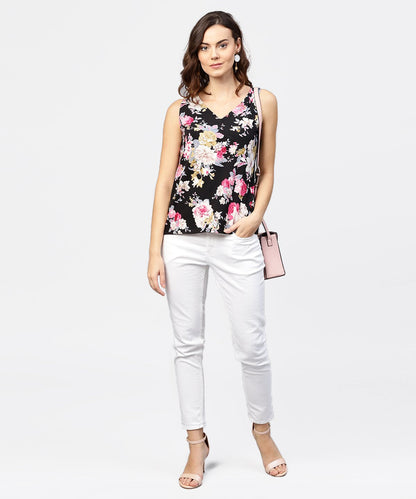 Women's Black Printed Cutways Sleeveless Crepe Tops
