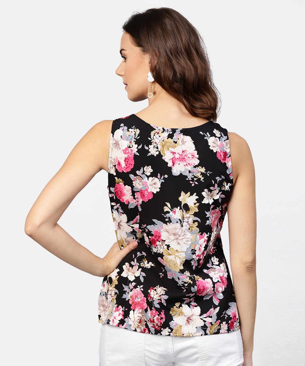 Women's Black Printed Cutways Sleeveless Crepe Tops