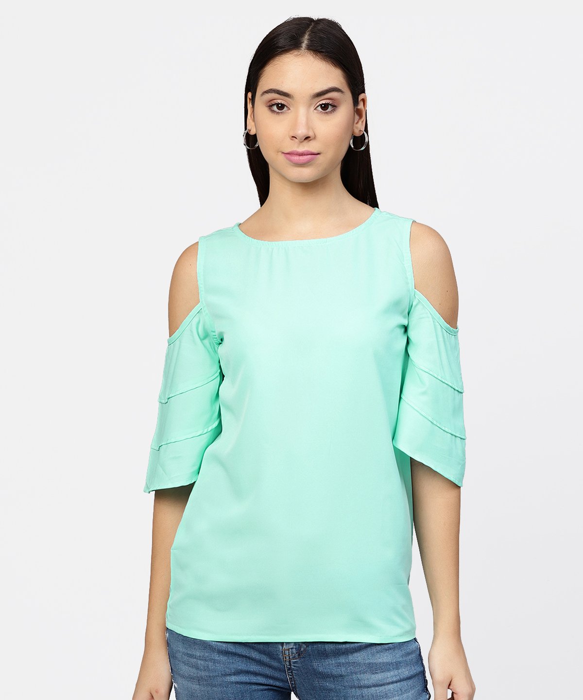 Women's Sea Green Cold Shoulder Layered Sleeve Crepe Top