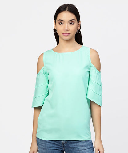 Women's Sea Green Cold Shoulder Layered Sleeve Crepe Top