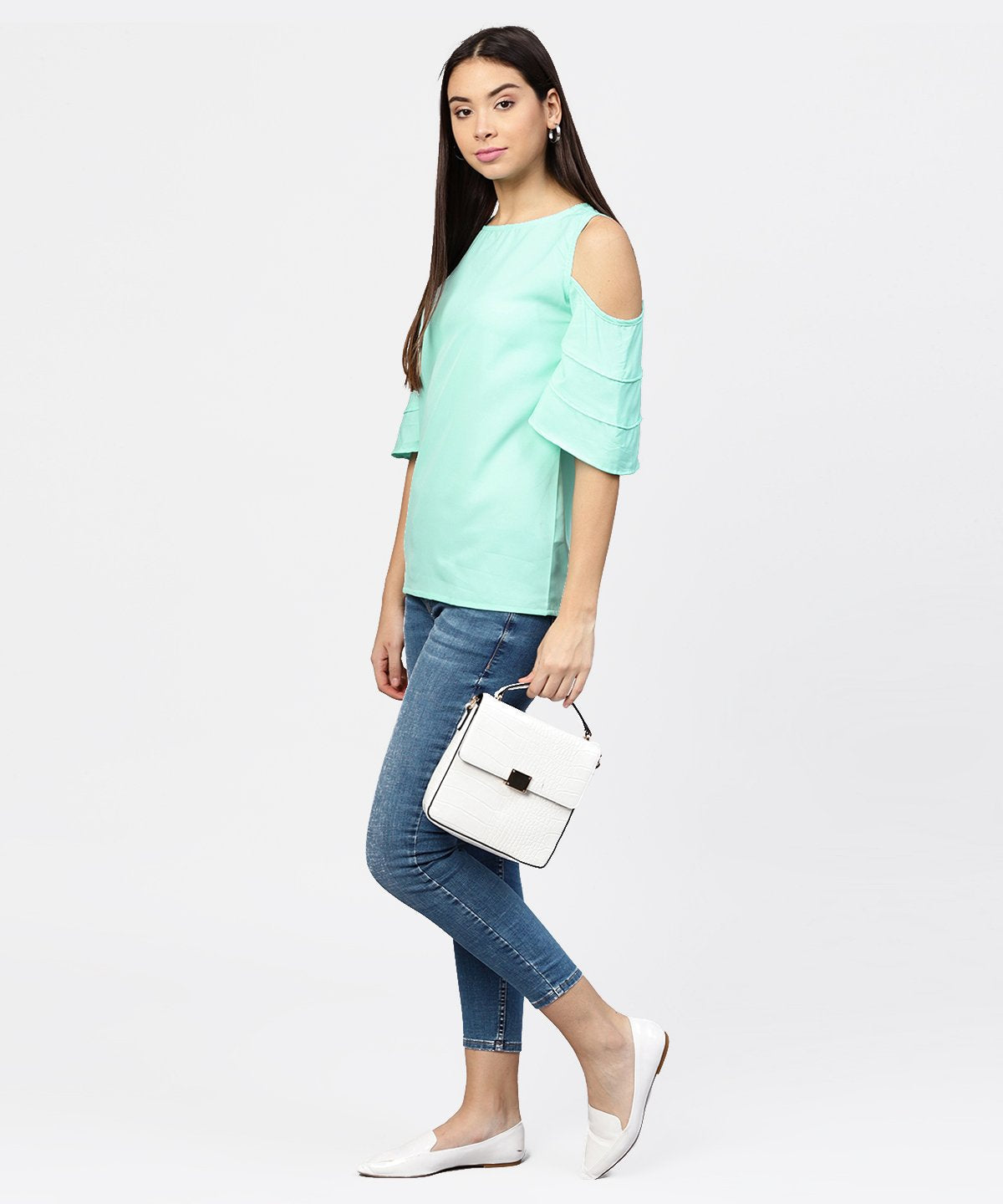 Women's Sea Green Cold Shoulder Layered Sleeve Crepe Top