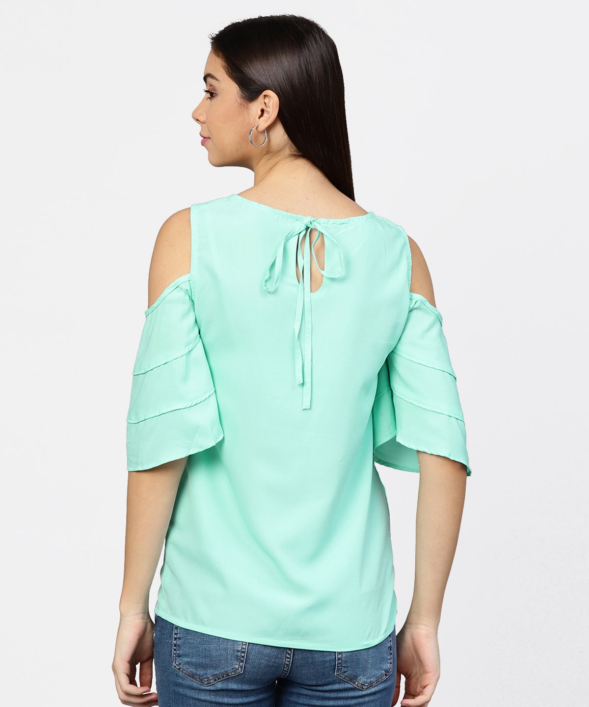 Women's Sea Green Cold Shoulder Layered Sleeve Crepe Top