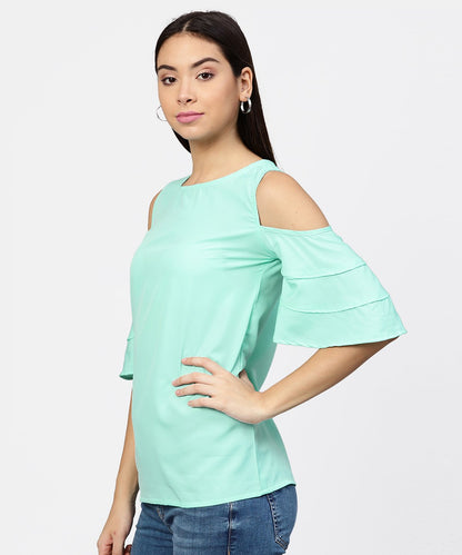 Women's Sea Green Cold Shoulder Layered Sleeve Crepe Top
