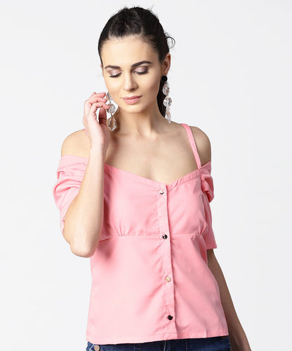 Women's Solid Half Cold Shoulder Sleeve Crepe Top