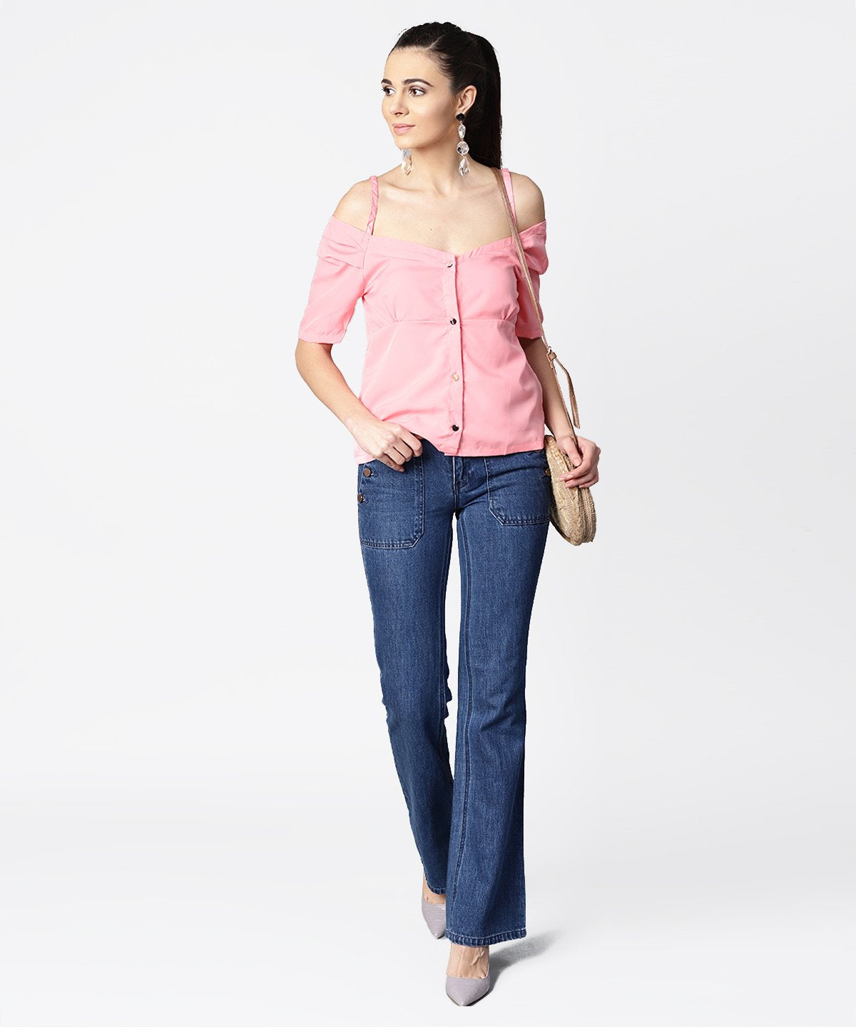 Women's Solid Half Cold Shoulder Sleeve Crepe Top