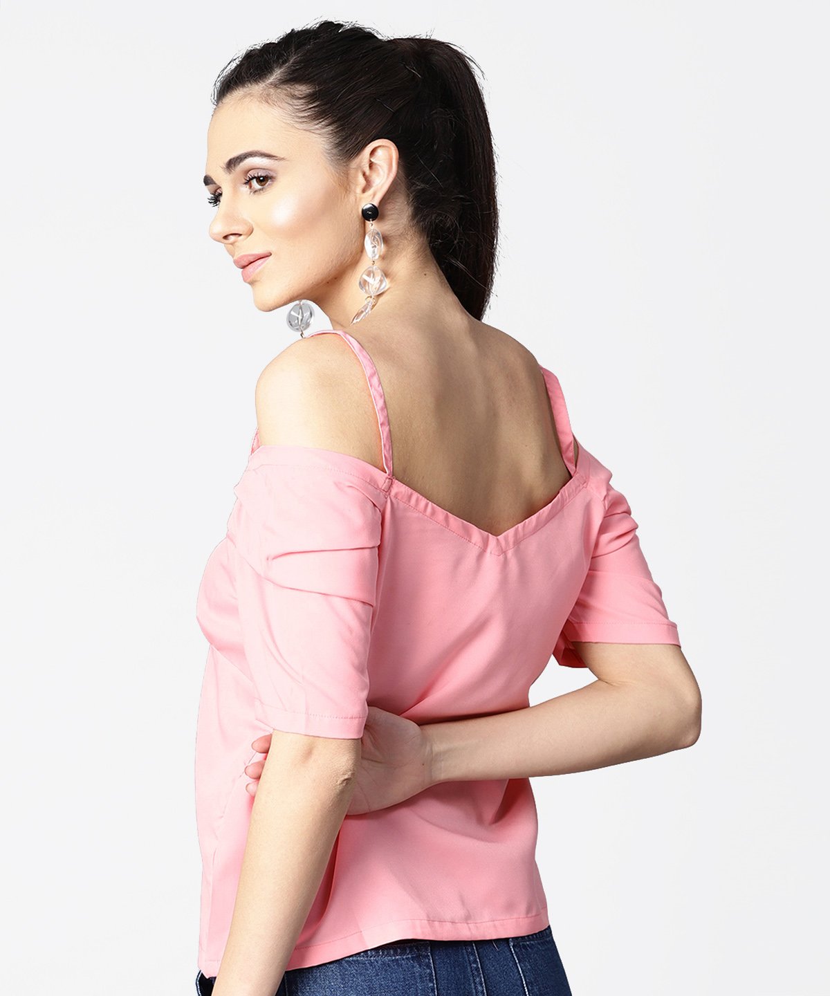 Women's Solid Half Cold Shoulder Sleeve Crepe Top