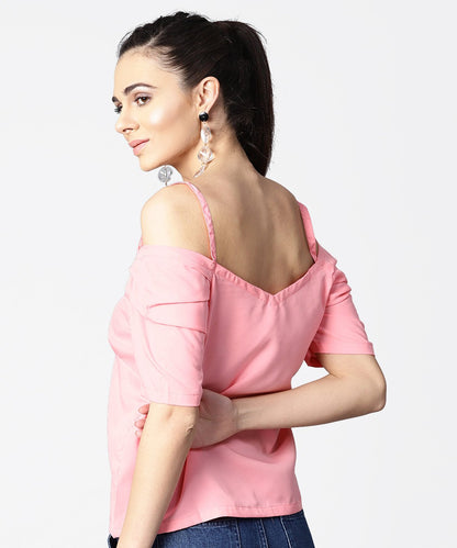 Women's Solid Half Cold Shoulder Sleeve Crepe Top