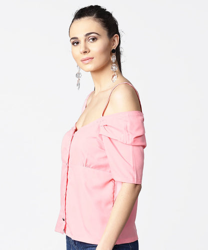Women's Solid Half Cold Shoulder Sleeve Crepe Top