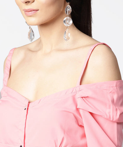 Women's Solid Half Cold Shoulder Sleeve Crepe Top
