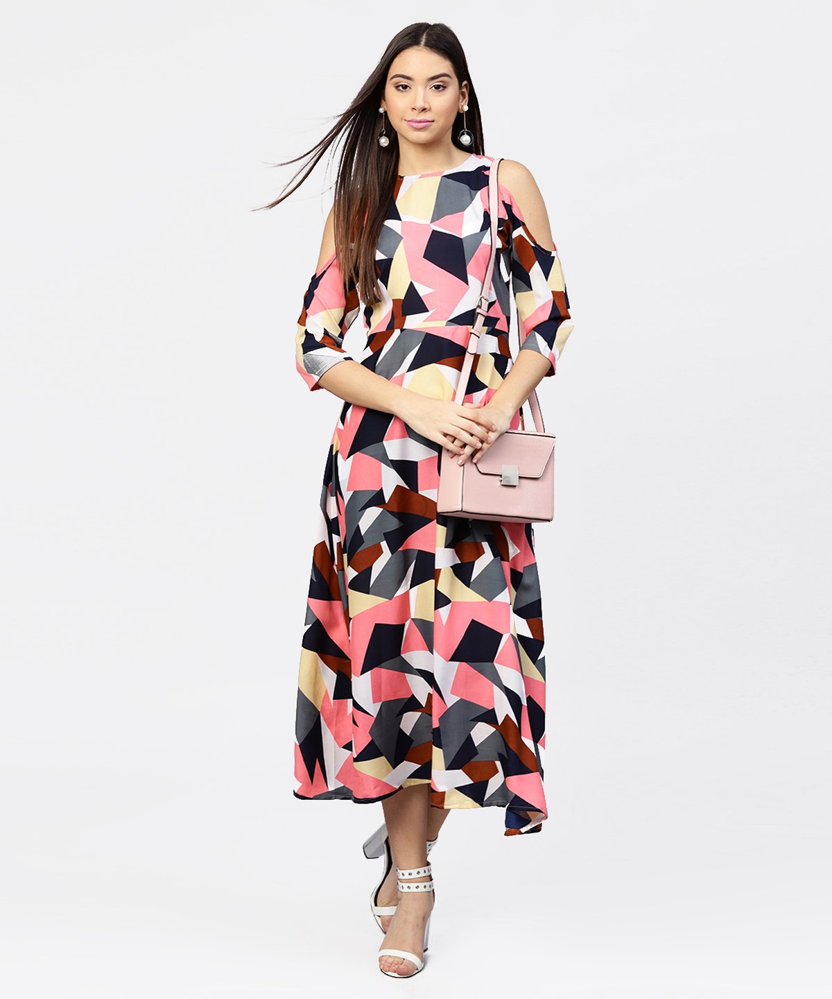 Women's Multi Printed 3/4Th Cold Shoulder Sleeve A-Line Maxi Dress