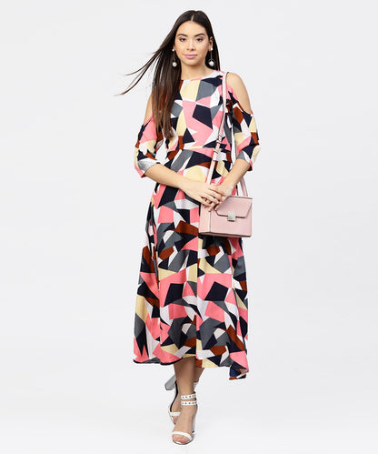 Women's Multi Printed 3/4Th Cold Shoulder Sleeve A-Line Maxi Dress