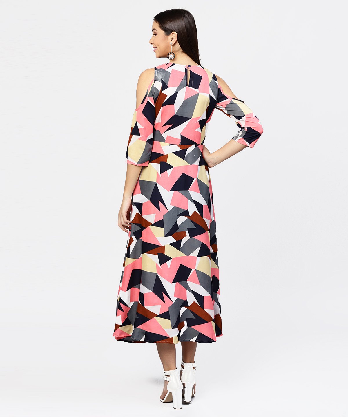 Women's Multi Printed 3/4Th Cold Shoulder Sleeve A-Line Maxi Dress